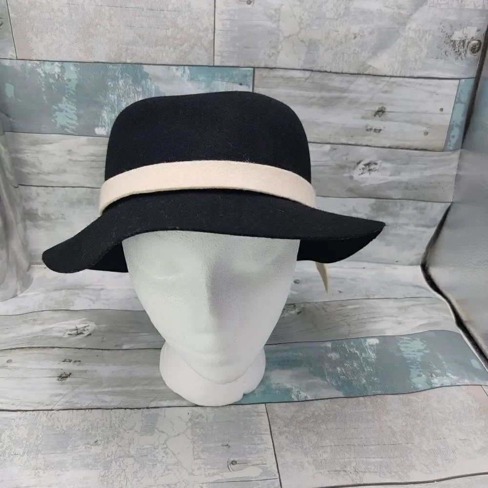 Black Wool Felt Cloche Bucket Hat w/ Cream Felt Band & Bow 57 cm 22.5